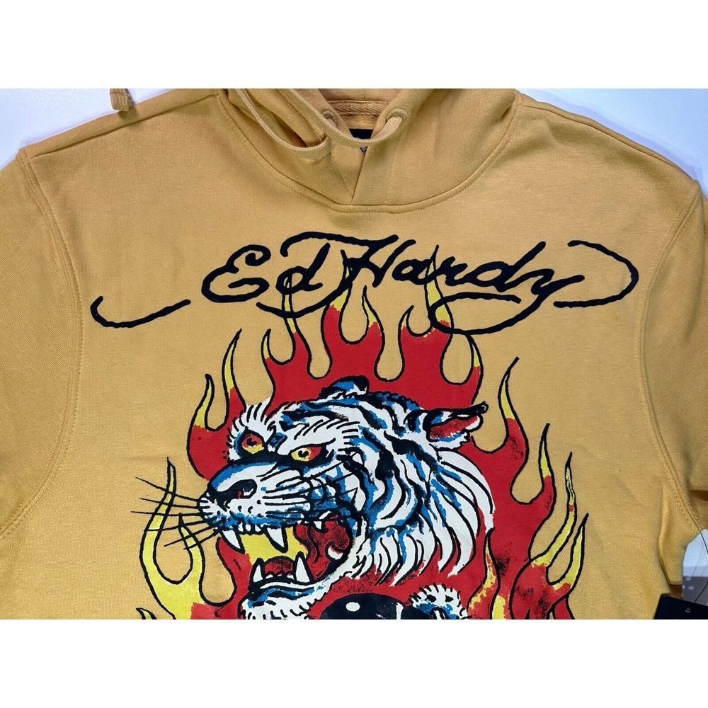 NWT Ed Hardy Retro Fire Tiger Tattoo Golden Yellow Hoodie Sweatshirt Mens Medium - Picture 3 of 9